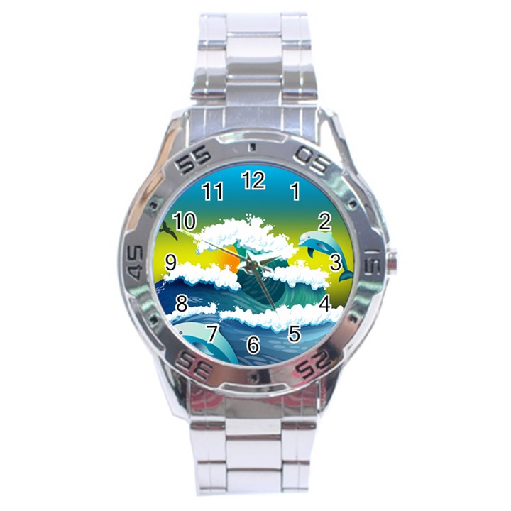 Dolphin Seagull Sea Ocean Wave Blue Water Stainless Steel Analogue Watch