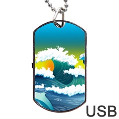 Dolphin Seagull Sea Ocean Wave Blue Water Dog Tag Usb Flash (two Sides) by Wegoenart