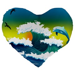 Dolphin Seagull Sea Ocean Wave Blue Water Large 19  Premium Heart Shape Cushions by Wegoenart