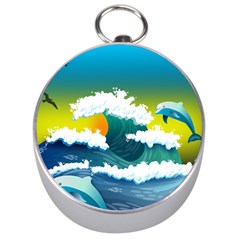 Dolphin Seagull Sea Ocean Wave Blue Water Silver Compasses by Wegoenart