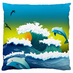 Dolphin Seagull Sea Ocean Wave Blue Water Large Flano Cushion Case (one Side) by Wegoenart