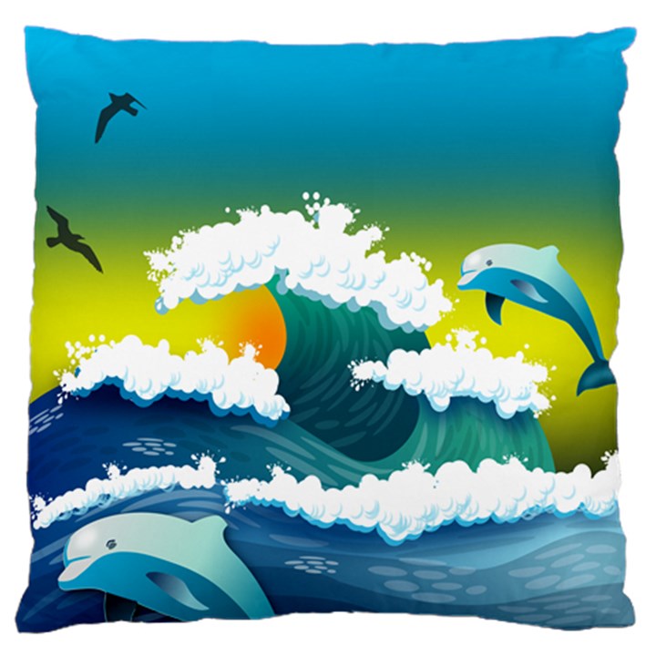 Dolphin Seagull Sea Ocean Wave Blue Water Large Flano Cushion Case (Two Sides)