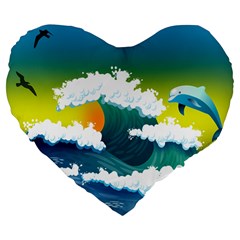 Dolphin Seagull Sea Ocean Wave Blue Water Large 19  Premium Flano Heart Shape Cushions by Wegoenart