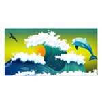 Dolphin Seagull Sea Ocean Wave Blue Water Satin Shawl 45  x 80  Front