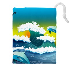 Dolphin Seagull Sea Ocean Wave Blue Water Drawstring Pouch (4xl) by Wegoenart