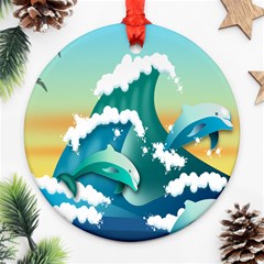 Dolphin Seagull Sea Ocean Wave Ornament (round) by Wegoenart