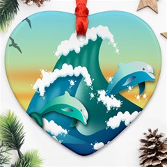 Dolphin Seagull Sea Ocean Wave Ornament (heart) by Wegoenart