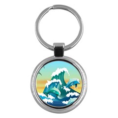 Dolphin Seagull Sea Ocean Wave Key Chain (round) by Wegoenart