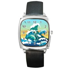 Dolphin Seagull Sea Ocean Wave Square Metal Watch by Wegoenart