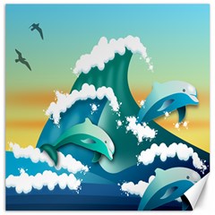 Dolphin Seagull Sea Ocean Wave Canvas 16  X 16  by Wegoenart