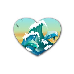 Dolphin Seagull Sea Ocean Wave Rubber Coaster (heart) by Wegoenart