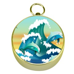 Dolphin Seagull Sea Ocean Wave Gold Compasses by Wegoenart