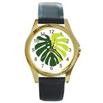 Monstera  Round Gold Metal Watch Front