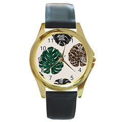 Colorful Monstera  Round Gold Metal Watch by ConteMonfrey