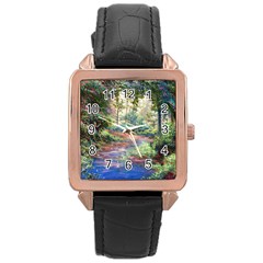 Abstract Forest Green Jungle Psychedelic Art Nature Rose Gold Leather Watch  by Wegoenart