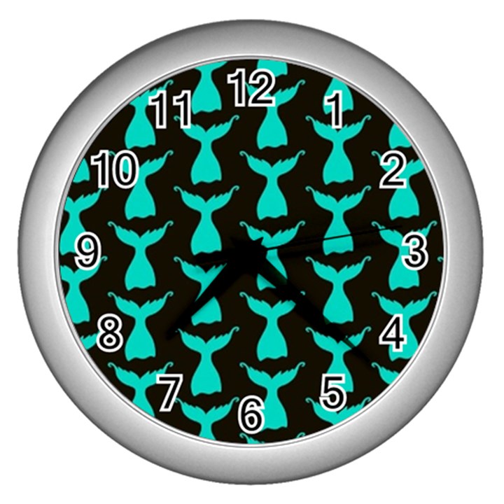 Blue Mermaid Tail Black Wall Clock (Silver)