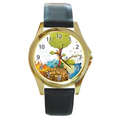 Natural Disaster Flood Earthquake Round Gold Metal Watch by Jancukart