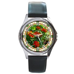 Flower Stained Glass Window Round Metal Watch