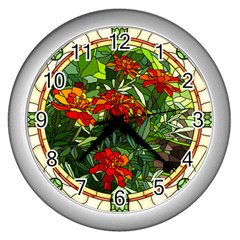 Flower Stained Glass Window Wall Clock (silver) by Jancukart