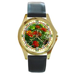 Flower Stained Glass Window Round Gold Metal Watch