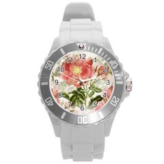 Flowers Vintage Background Retro Floral Stem Round Plastic Sport Watch (l) by Wegoenart