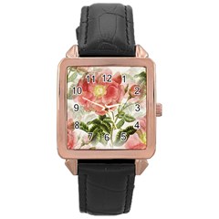 Flowers Vintage Background Retro Floral Stem Rose Gold Leather Watch  by Wegoenart