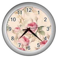 Roses Plants Vintage Retro Flowers Pattern Wall Clock (silver) by Wegoenart