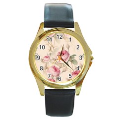 Roses Plants Vintage Retro Flowers Pattern Round Gold Metal Watch by Wegoenart