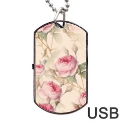 Roses Plants Vintage Retro Flowers Pattern Dog Tag Usb Flash (two Sides) by Wegoenart