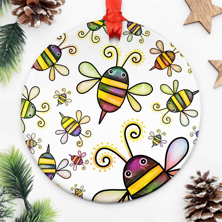 Bee Doodle Cartoon Round Ornament (Two Sides)