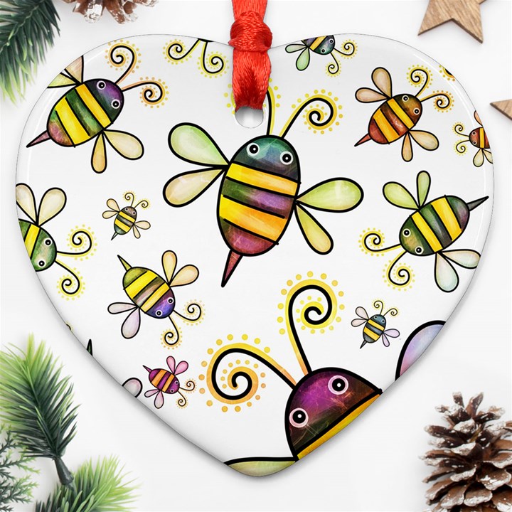 Bee Doodle Cartoon Heart Ornament (Two Sides)