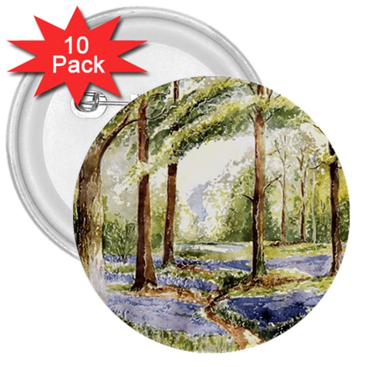 Trees Park Watercolor Lavender Flowers Foliage 3  Buttons (10 pack) 