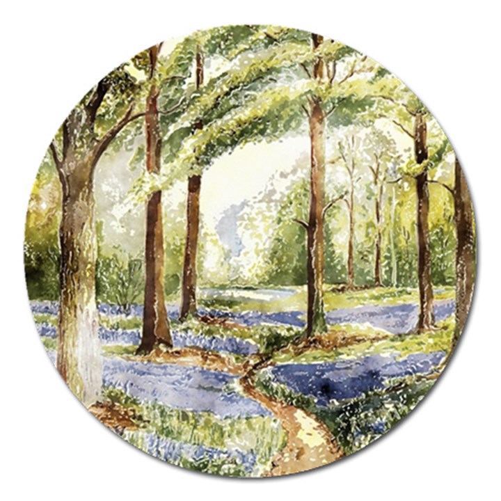 Trees Park Watercolor Lavender Flowers Foliage Magnet 5  (Round)