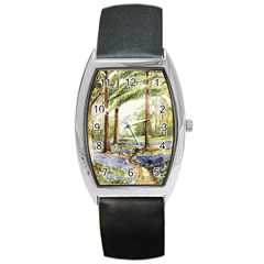 Trees Park Watercolor Lavender Flowers Foliage Barrel Style Metal Watch by Wegoenart