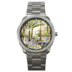 Trees Park Watercolor Lavender Flowers Foliage Sport Metal Watch by Wegoenart