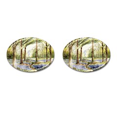 Trees Park Watercolor Lavender Flowers Foliage Cufflinks (oval) by Wegoenart