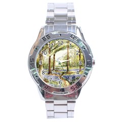 Trees Park Watercolor Lavender Flowers Foliage Stainless Steel Analogue Watch by Wegoenart