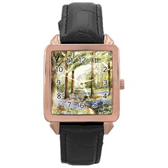 Trees Park Watercolor Lavender Flowers Foliage Rose Gold Leather Watch  by Wegoenart