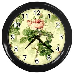 Roses Flowers Vintage Pattern Retro Floral Stem Wall Clock (black) by Wegoenart