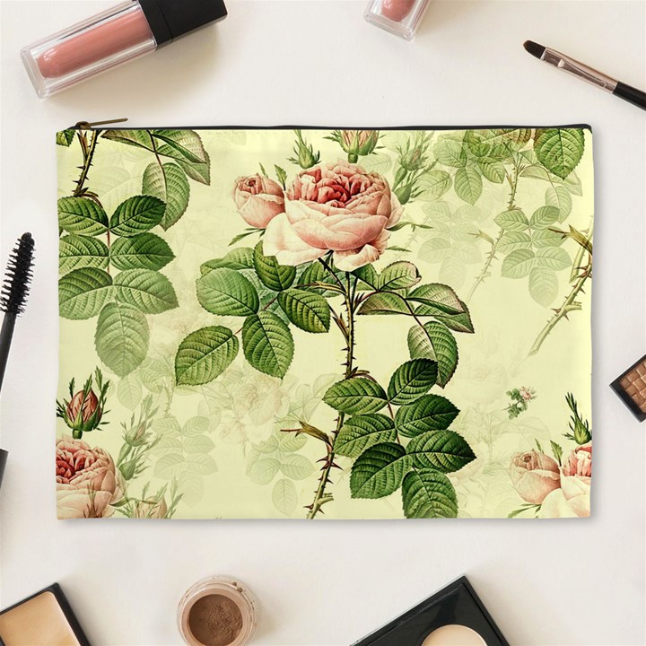 Roses Flowers Vintage Pattern Retro Floral Stem Cosmetic Bag (XL)