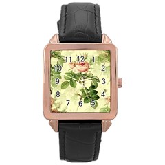 Roses Flowers Vintage Pattern Retro Floral Stem Rose Gold Leather Watch  by Wegoenart