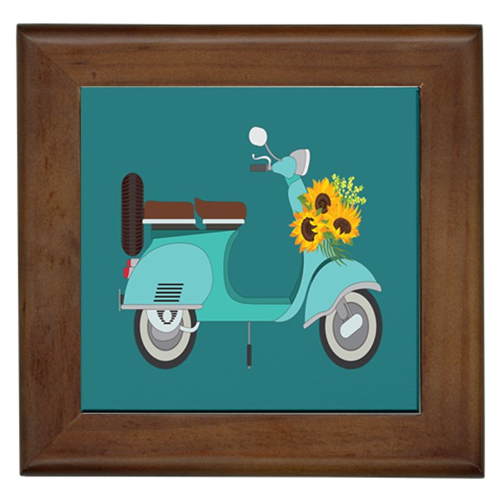 Blue Vespa Taking Flowers To You  Framed Tile