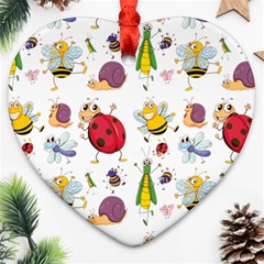 Cute Cartoon Insects Seamless Background Heart Ornament (two Sides)