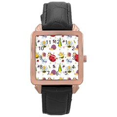 Cute Cartoon Insects Seamless Background Rose Gold Leather Watch 