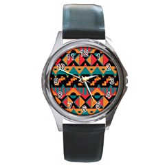 Tribal Pattern Seamless Border Round Metal Watch