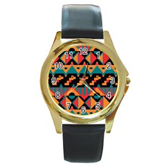 Tribal Pattern Seamless Border Round Gold Metal Watch by Jancukart