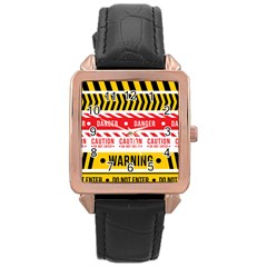 Yellow Black Warning Line Rose Gold Leather Watch 