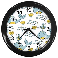 Cartoon Whale Seamless Background Pattern Wall Clock (black)