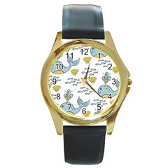 Cartoon Whale Seamless Background Pattern Round Gold Metal Watch by Jancukart