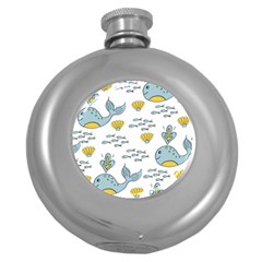 Cartoon Whale Seamless Background Pattern Round Hip Flask (5 Oz) by Jancukart